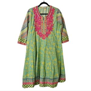 Biba 100% Cotton Floral Embroidered Green, Pink, And Yellow Kurta Dress Sz 38/XL